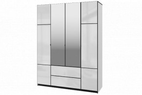 Шкаф 4-х дверный Палермо 02 с ящиками и зеркалом Белый гладкий шелк/Черный гладкий шелк в Игриме - igrim.ok-mebel.com | фото